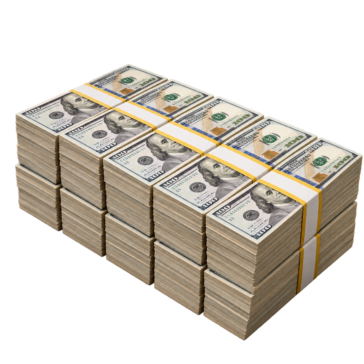 Several cash bundles — $100,000 simulated capital